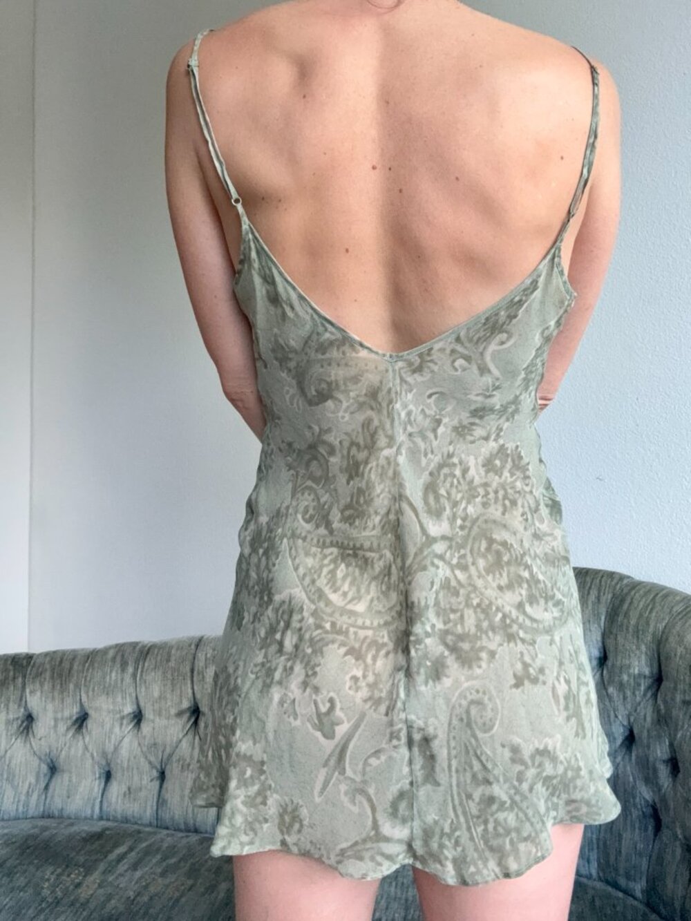 Victoria's Secret Vintage Silk Chiffon Mini Slip Dress XS Sage Green Paisley - Picture 3 of 8